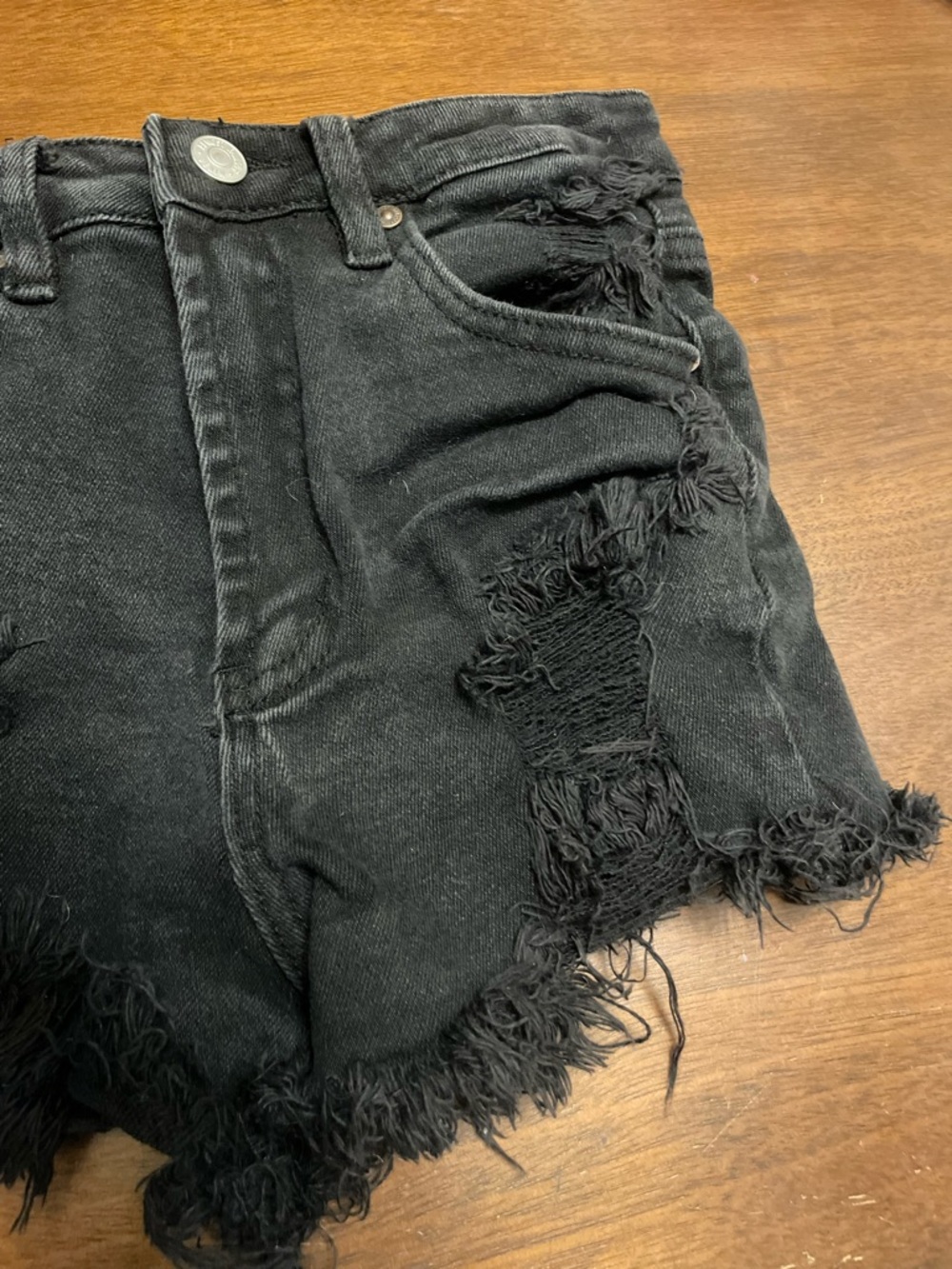 Almost Famous Black Distressed Denim Shorts Size 3 Raw Hem - Picture 3 of 7